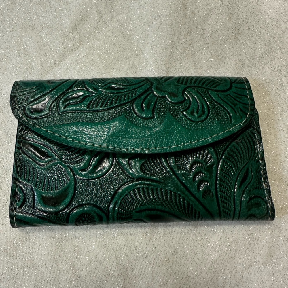 Genuine tooled leather western wallet in green